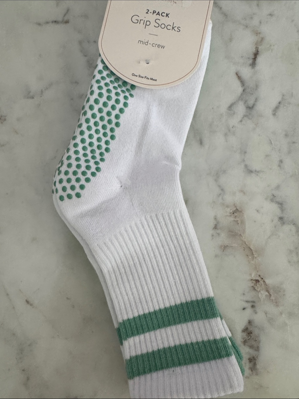 Balance Collection White and Green Mid-Crew Grip Socks